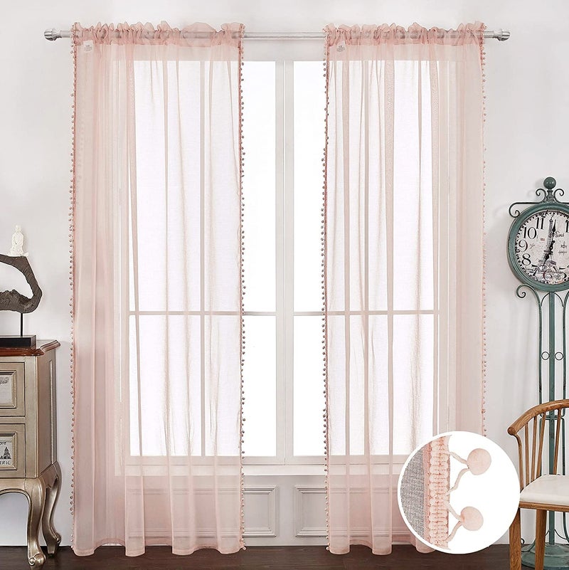 MISS SELECTEX Linen Look Pom Pom Tasseled Sheer Curtains for Living and Bedroom - Rod Pocket Voile Semi-Sheer, Set of 2 Curtain Panels (52 x 63 inch, Blush) - Image 2